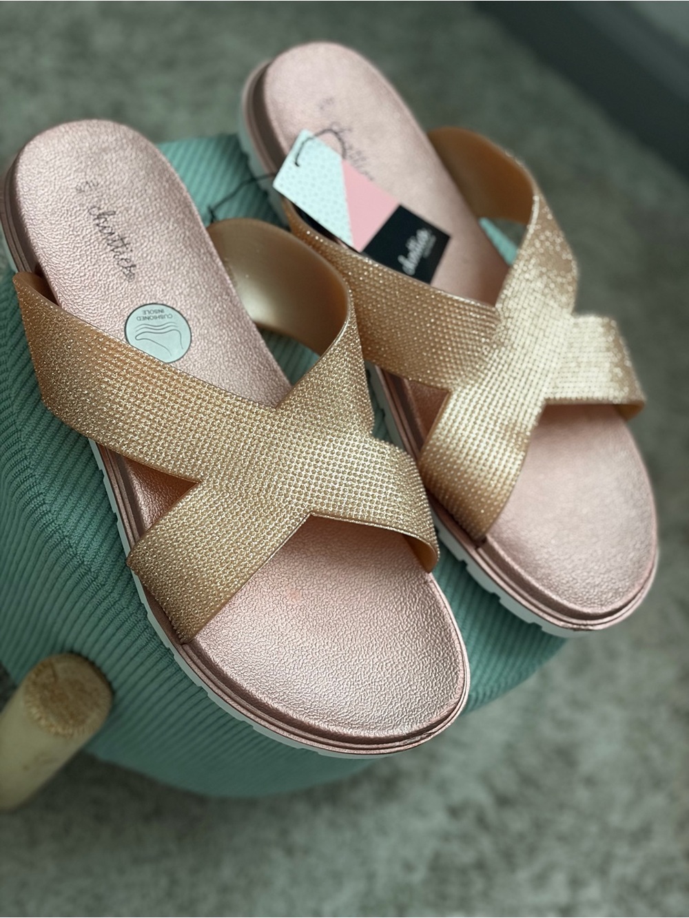 chatties Rose Gold Metallic Crisscross Slide Sandals